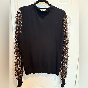 Sioni Black Sweater with Leopard-Print Ruffle Sleeves